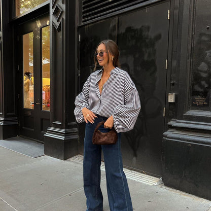 Chemise élégante à carreaux pour femme – manches longues, style polyvalent et chic citadin