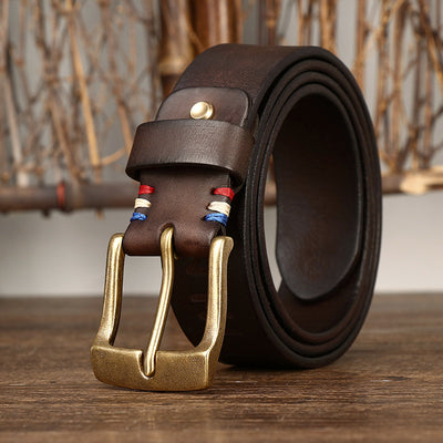 Ceinture à boucle en laiton et cuir de vache pour hommes, gravure au Laser rétro
