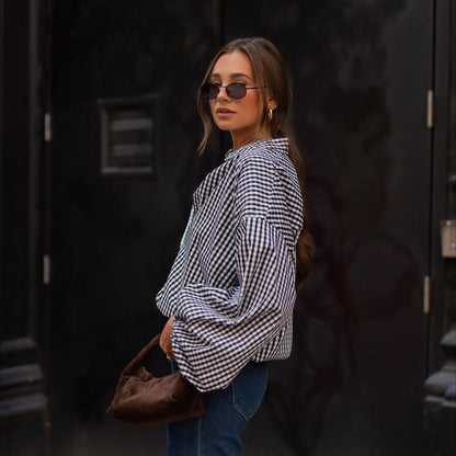 Chemise élégante à carreaux pour femme – manches longues, style polyvalent et chic citadin