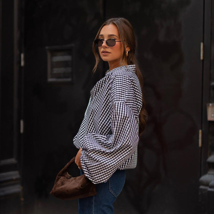Chemise élégante à carreaux pour femme – manches longues, style polyvalent et chic citadin