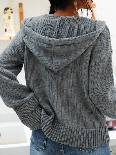 gilet long à capuche, tricoté, à manches longues, boutonné avec cordon de serrage