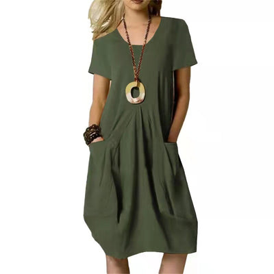 Robe ample à manches courtes et col rond en coton et lin de couleur unie