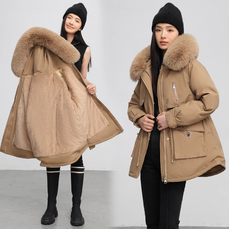 Manteau épais en coton doublé polaire, coupe parka amincissante, style transfrontalier.