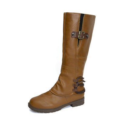 Bottes en cuir à la mode décontractées à bout rond et à talon carré pour femmes