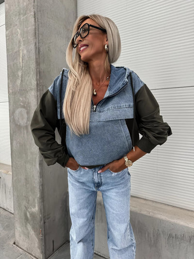 Pull à capuche pour femmes, ample et décontracté, avec coutures en Denim, à la mode
