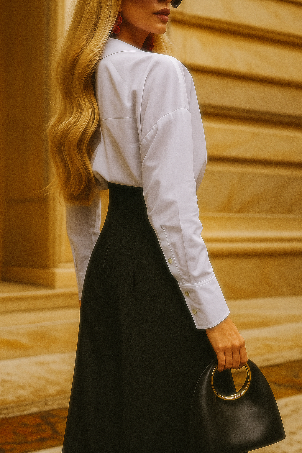 Jean taille haute élégant, coupe large sophistiquée.