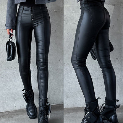 Pantalon en cuir noir taille haute