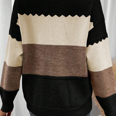 Pull chaud et élégant pour femme, col rond et manches longues, motif color-block