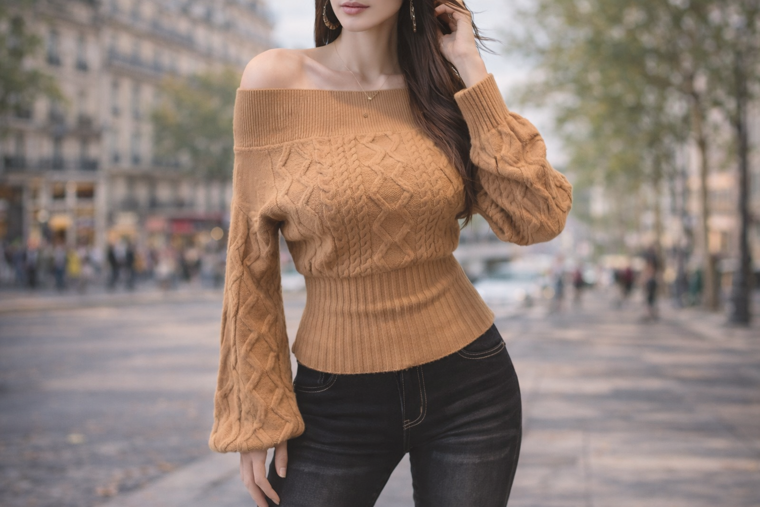 Pull femme épaissi style coréen, épaules dénudées, manches longues.