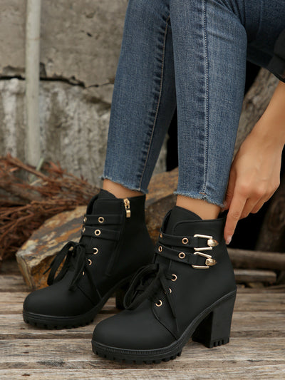 Bottines d’automne à bout rond, talon épais et plateforme, avec lacets pour un style décontracté.