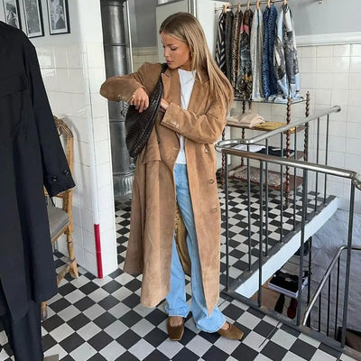 Veste en peluche à double boutonnage et revers à manches longues pour femmes