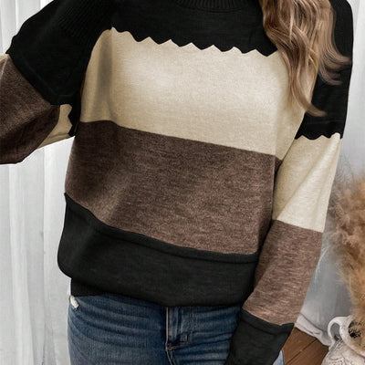 Pull chaud et élégant pour femme, col rond et manches longues, motif color-block
