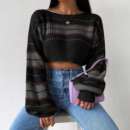 Pull tricoté à rayures contrastées – Coupe ample, manches longues, facile à assortir
