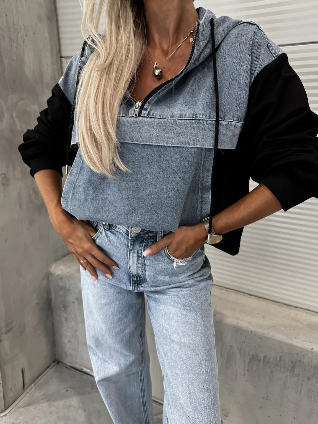 Pull à capuche pour femmes, ample et décontracté, avec coutures en Denim, à la mode