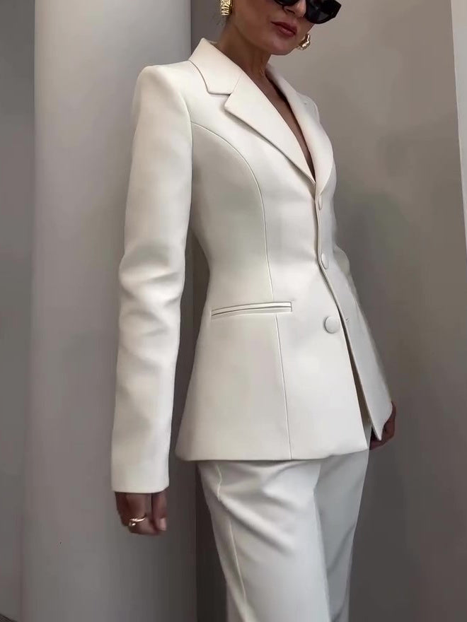 Blazer cintré à la taille classique et pantalon taille haute Costume blanc