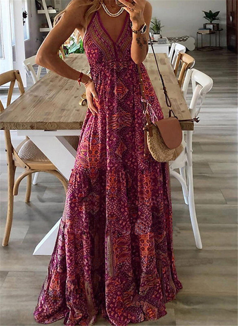 Robe imprimée à fleurs style bohème, taille haute et décolleté en V