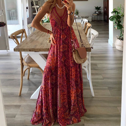 Robe imprimée à fleurs style bohème, taille haute et décolleté en V