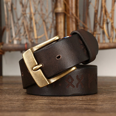 Ceinture à boucle en laiton et cuir de vache pour hommes, gravure au Laser rétro