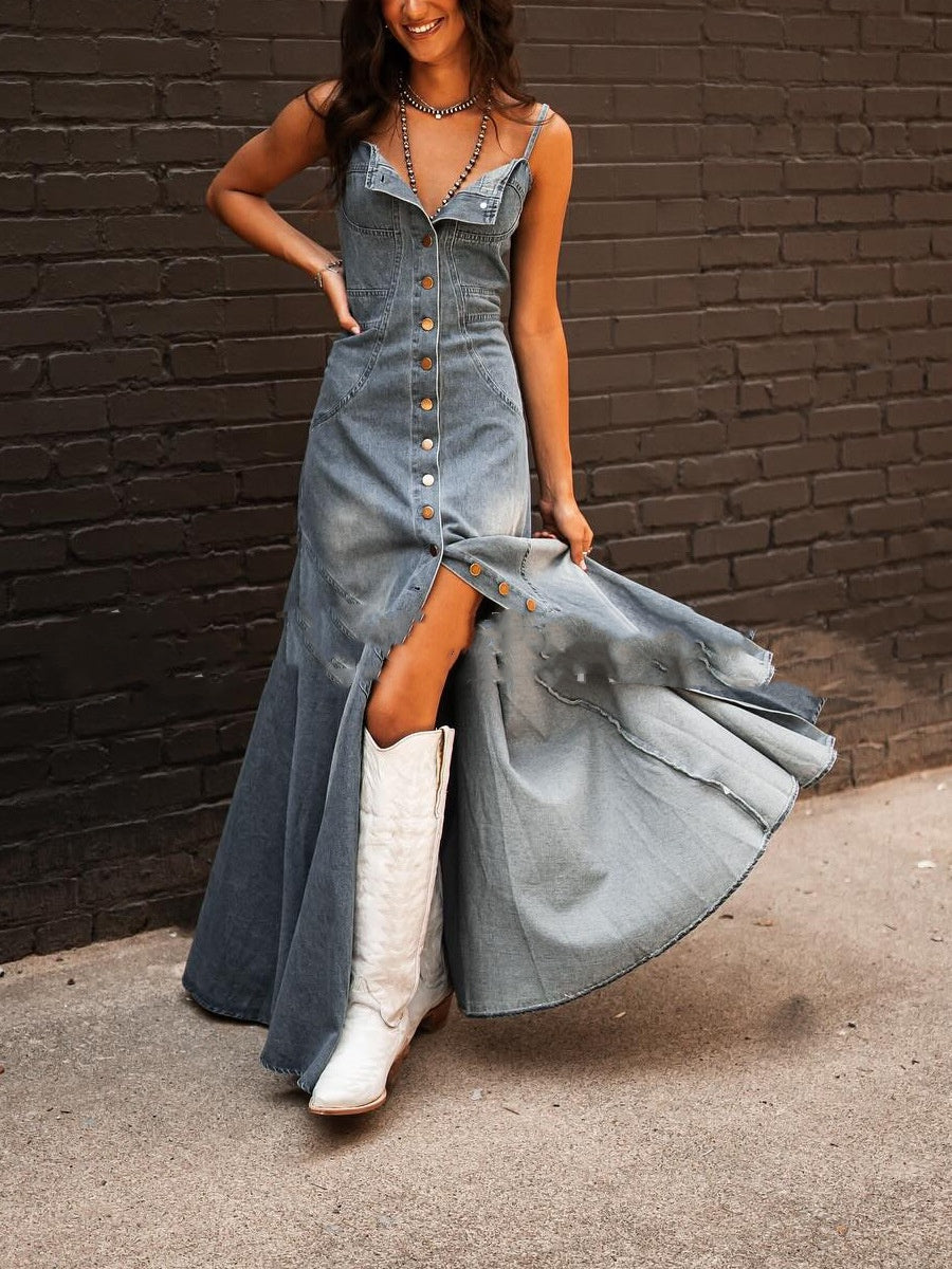 Robe trapèze Vintage en Denim délavé pour femme