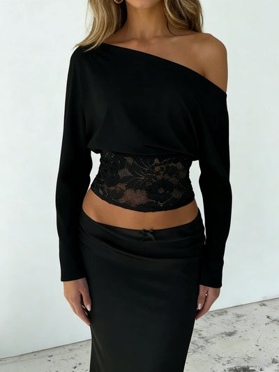 Haut femme uni épaules nues avec manches amples et finitions dentelle