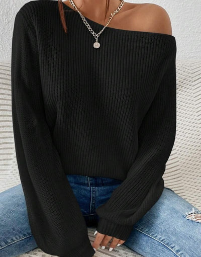 Pull Asymétrique Côtelé à Épaule Dénudée – Élégance Moderne