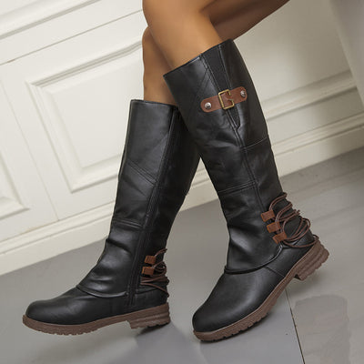 Bottes en cuir à la mode décontractées à bout rond et à talon carré pour femmes