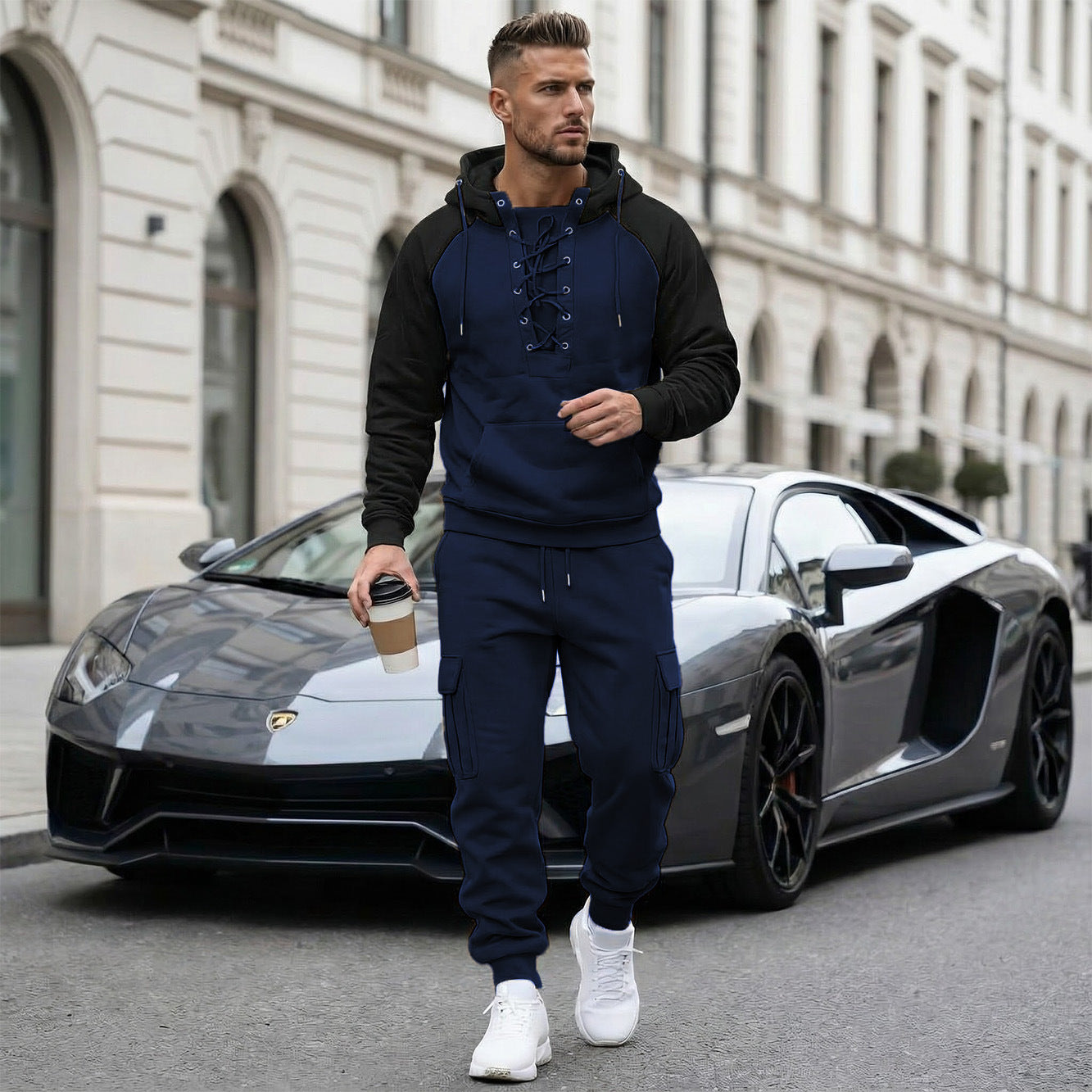 Pantalon cargo doublé en polaire, manches raglan, multi-poches