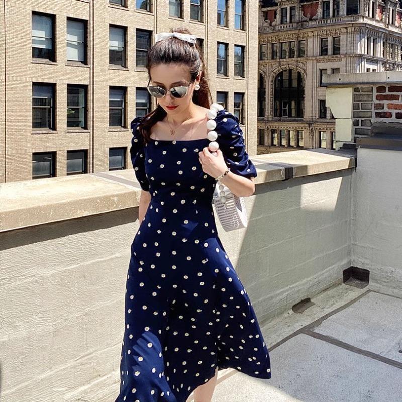 Robe française à pois bleus pour femmes, nouvelle collection été