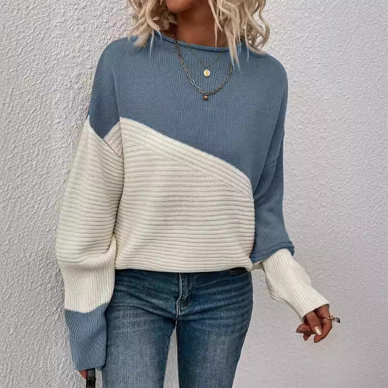 Pull en tricot pour femmes, haut de couleur contrastée avec coutures