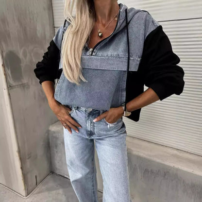 Pull à capuche pour femmes, ample et décontracté, avec coutures en Denim, à la mode